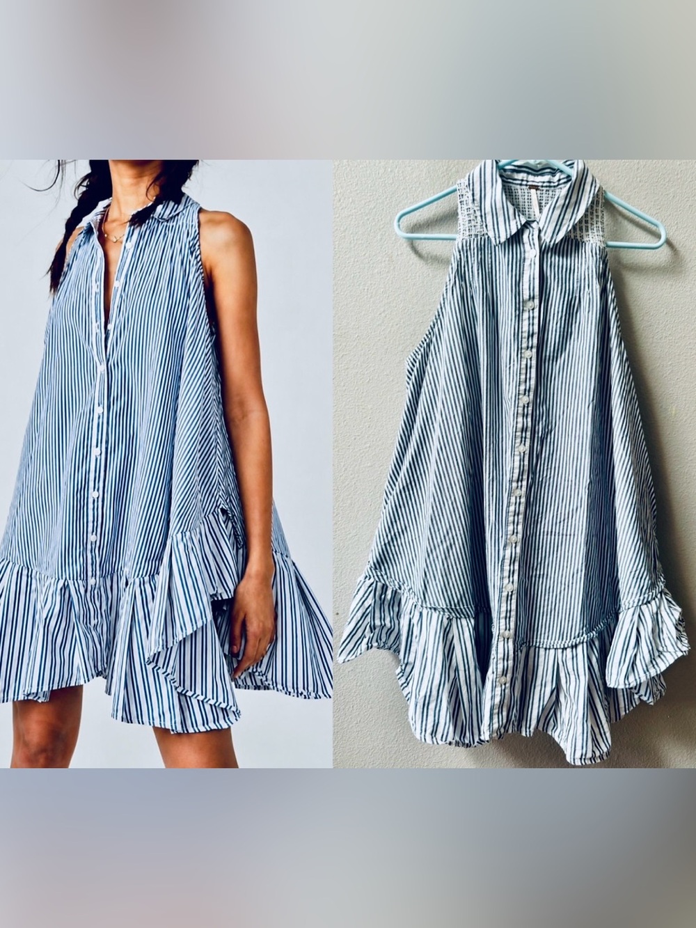 FREE PEOPLE “BE REAL” PIN STRIPE SMOCKED BUTTONDOWN MINI SHIRT DRESS Sz.M